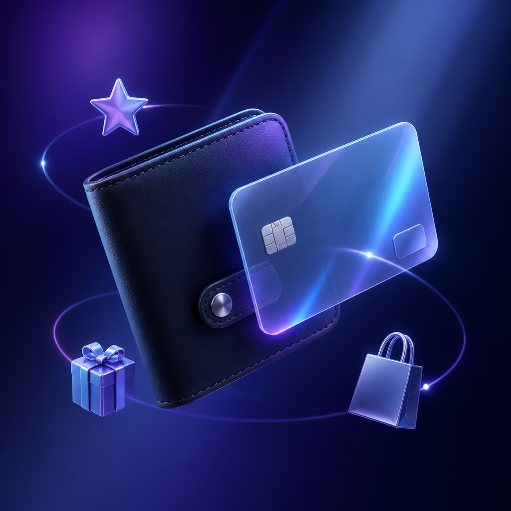 Evry wallet and debit card surrounded by reward icons